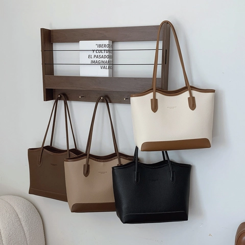 Bolso Tote De Moda Para Mujer Cuero PU Patrón Litchi Color En Contraste Gran Capacidad Bolso De Hombro Cremallera Uso Diario