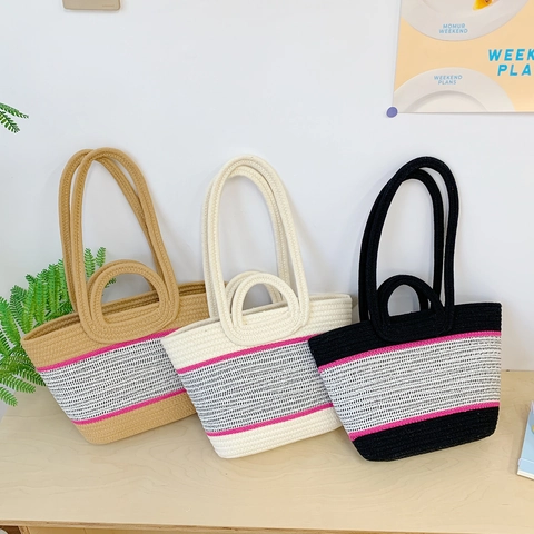 Borsa Tote Intrecciata A Righe A Contrasto Borsa A Mano In Corda Di Cotone Grande Capacità Spiaggia Vacanza Borsa Spalla