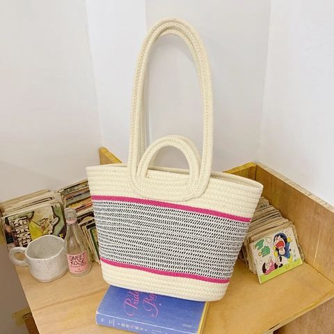 Borsa Tote Intrecciata A Righe A Contrasto Borsa A Mano In Corda Di Cotone Grande Capacità Spiaggia Vacanza Borsa Spalla
