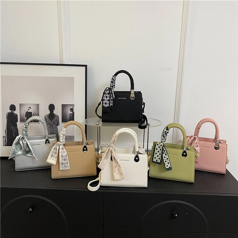 Women Lychee Grain PU Leather Handbag With Woven Handle And Satin Scarf Fashion Square Shoulder Crossbody Bag