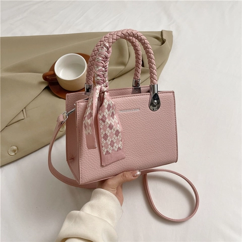 Women Lychee Grain PU Leather Handbag With Woven Handle And Satin Scarf Fashion Square Shoulder Crossbody Bag