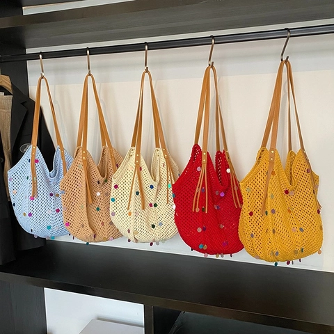 Borsa Tote In Maglia Uncinetto Donna Paillettes Colorate Borsa A Spalla Estate Spiaggia Viaggio Borsa Mano Cinghie PU