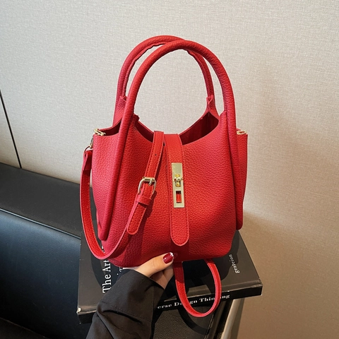 Borsa A Secchiello Da Donna In Pelle PU Grana Litchi Retro Semplice Versatile A Mano Con Chiusura In Metallo Tracolla Rimovibile