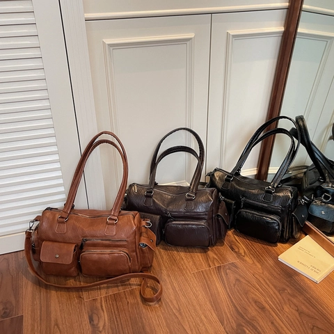 Sac Bandoulière Vintage Femmes Cuir PU Grande Capacité Multi Poche Messenger Sac Épaule Motif Litchi