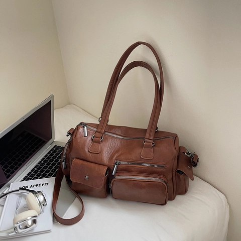 Sac Bandoulière Vintage Femmes Cuir PU Grande Capacité Multi Poche Messenger Sac Épaule Motif Litchi