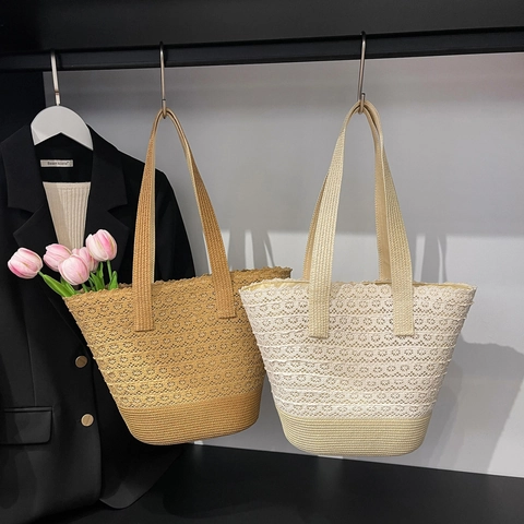 Hollow Out Strohgewebte Tragetasche Mit Spitze Floral Große Kapazität Schulter Handtasche Für Sommer Strand Urlaub Lässig Boho