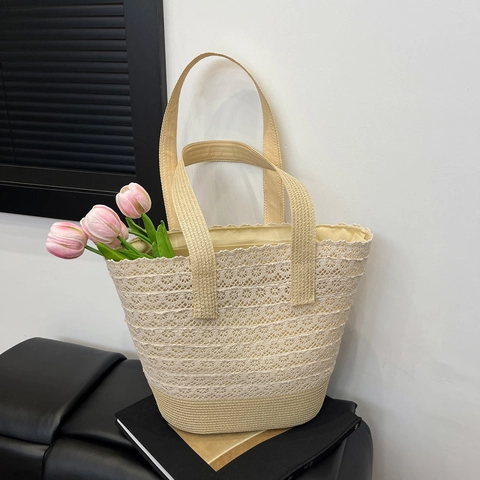 Hollow Out Strohgewebte Tragetasche Mit Spitze Floral Große Kapazität Schulter Handtasche Für Sommer Strand Urlaub Lässig Boho