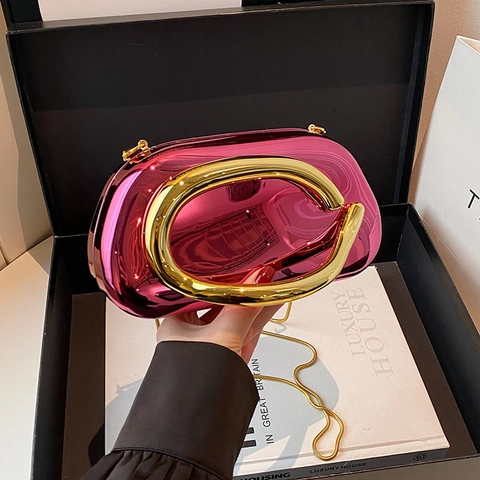 Acrylic Mirror Finish Evening Clutch Bag For Women With Metal Curved Handle And Chain Strap Hard Shell Party Elegant Accessory