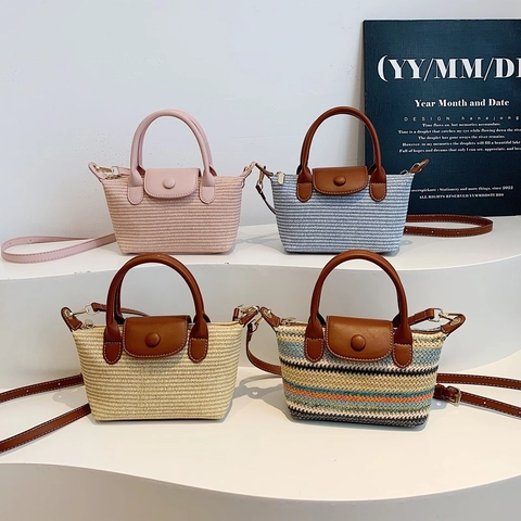 Mini Gewebte Handtasche PU Lederklappe Stroh Umhängetasche Sommerurlaub Chic Schultertasche Für Damen