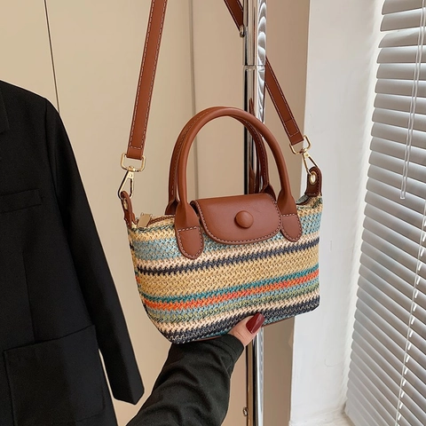 Mini Gewebte Handtasche PU Lederklappe Stroh Umhängetasche Sommerurlaub Chic Schultertasche Für Damen