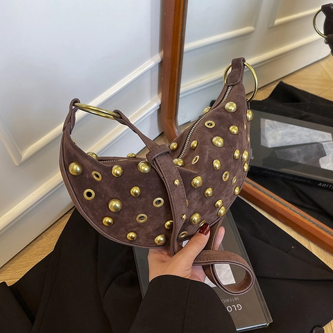 Vintage Women Suede Moon Crossbody Bag Gold Studded Rivet Hobo Shoulder Handbag Large Capacity Adjustable Strap Punk Style