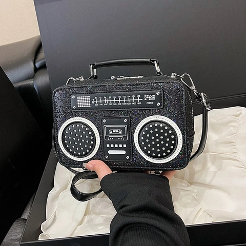 Radio Shaped Glitter Crossbody Bag Retro Novelty Sparkly Handbag For Women Creative Party Shoulder Box Purse