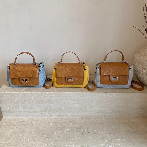 Bolso Bandolera Acolchado Mujer Cuero PU Denim Color Contraste Cerradura Giratoria Correa Cadena Bolso Moda
