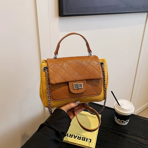 Bolso Bandolera Acolchado Mujer Cuero PU Denim Color Contraste Cerradura Giratoria Correa Cadena Bolso Moda