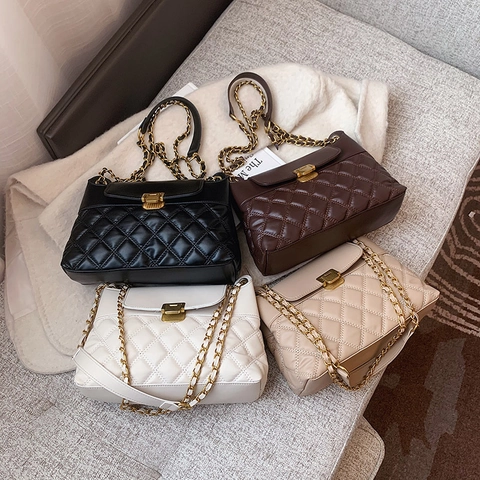Quilted Chain Shoulder Bag PU Leather Flap Lock Crossbody Handbag Fashionable Elegant For Women Stylish Square Satchel