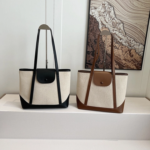 Bolso Tote Retro De Lona Y Cuero PU Gran Capacidad Color Block Bolso De Hombro Para Mujer Diario Commute Estilo Simple