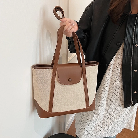 Bolso Tote Retro De Lona Y Cuero PU Gran Capacidad Color Block Bolso De Hombro Para Mujer Diario Commute Estilo Simple