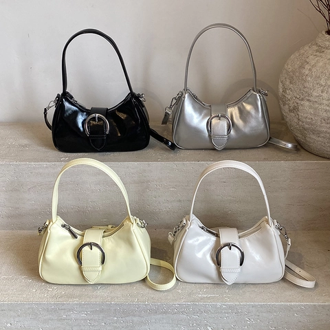 Bolso De Axila De Cuero PU Brillante Para Mujer Bolso Hobo Color Sólido Con Hebilla Metálica Y Bandolera