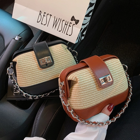 Borsa Tracolla Paglia Intrecciata E Pelle PU Tracolla Catena Metallo Chiusura Girevole Colore Contrasto Estate Spiaggia Retro