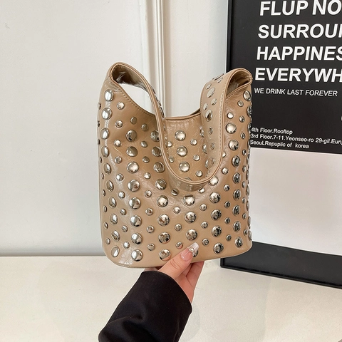 Sac Hobo En Cuir PU Pour Femmes Avec Rivets Métalliques Argentés Style Punk Vintage Sac À Main Bandoulière