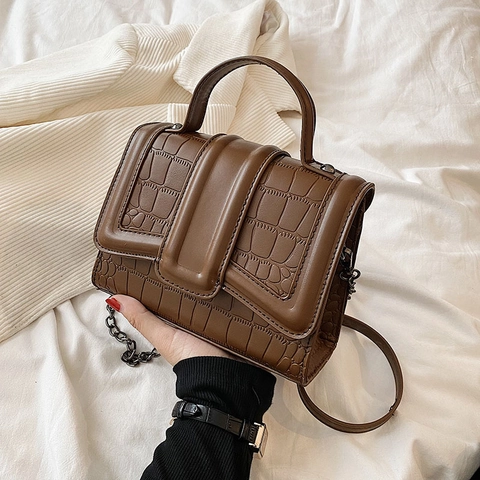 Krokodilmuster Handtasche PU Leder Umhängetasche Mit Kette Retro Quadratische Klappe Griff Für Damen Elegante Tasche