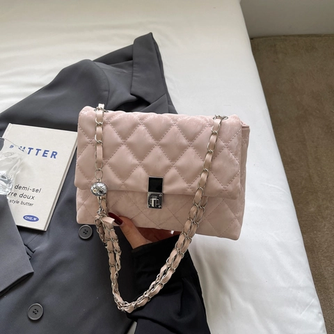 Dames Schoudertas PU Leer Gewatteerd Ruitpatroon Kettingriem Verstelbaar Metalen Bal Flap Slot Crossbody Handtas