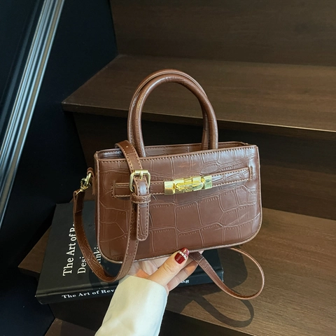 Women Crossbody Handbags Crocodile Embossed PU Leather Square Shoulder Bag With Gold Lock Top Handle Elegant