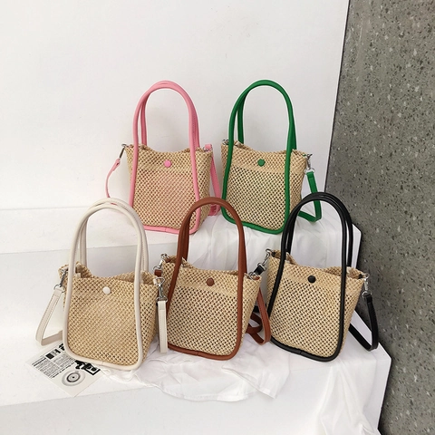 Sac Seau En Paille Tissée Pour Femmes Été Plage Décontracté Vacances À Main Épaule Bandoulière Garniture En Cuir PU Style Français