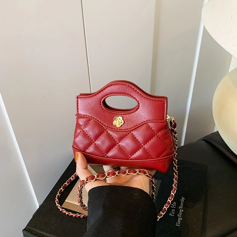 Women Mini Crossbody Bag Diamond Quilted PU Leather Elegant Camellia Flower Lock Chain Strap For Daily Matching