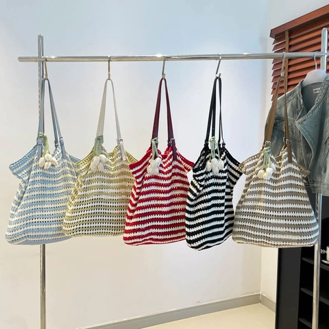 Sac Fourre-tout En Tricot Crocheté Pour Femmes Tissé À La Main Rayé Grande Capacité Sac À Épaule De Plage D'été Avec Sangles En Cuir PU