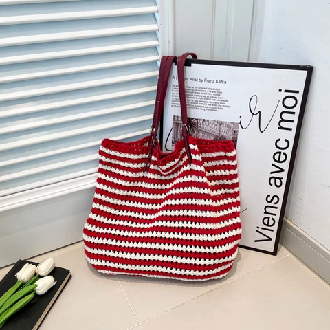 Sac Fourre-tout En Tricot Crocheté Pour Femmes Tissé À La Main Rayé Grande Capacité Sac À Épaule De Plage D'été Avec Sangles En Cuir PU