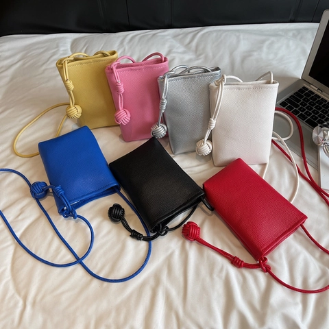 Mini Crossbody Bag PU Leather Lychee Pattern Phone Pouch With Knot Decorative Strap Solid Color Minimalist For Women
