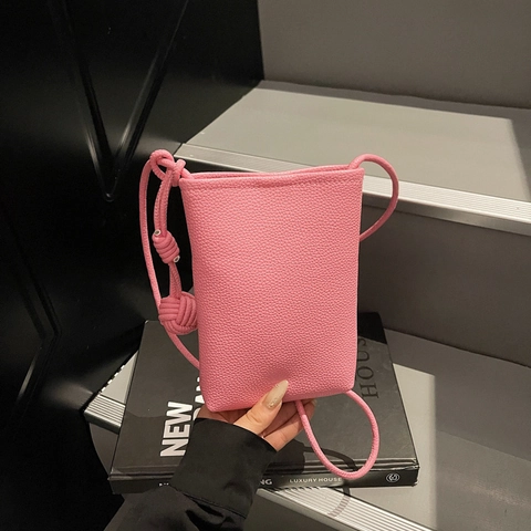 Mini Crossbody Bag PU Leather Lychee Pattern Phone Pouch With Knot Decorative Strap Solid Color Minimalist For Women