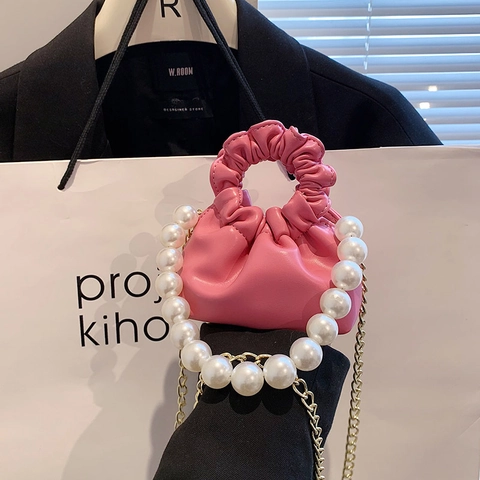 Mini Bolso De Mano Nube Plisado Para Mujer Bolso De Cuero PU Con Volantes Franceses Con Asa De Perla Artificial Y Cadena Dorada
