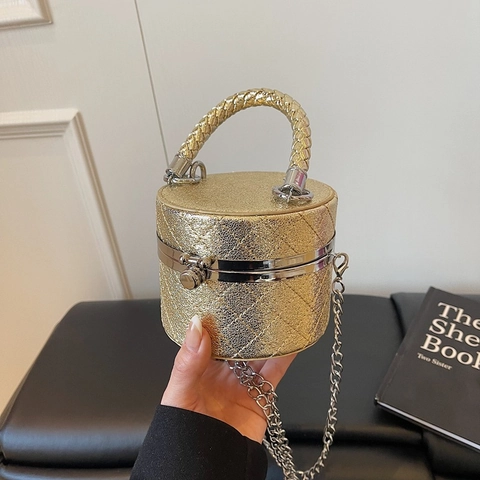Rhombus Quilted Cylindrical Crossbody Bag PU Leather Glitter Barrel Handbag Woven Handle Metal Chain Fashion Party Women