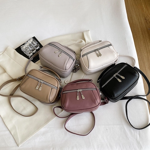Women Multi-Layer Zipper Crossbody Bag Litchi Texture PU Leather Handbag Top Handle Adjustable Strap Fashion Minimalist