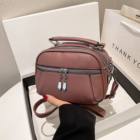 Women Multi-Layer Zipper Crossbody Bag Litchi Texture PU Leather Handbag Top Handle Adjustable Strap Fashion Minimalist