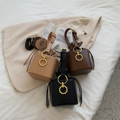 Borsa A Secchiello Vintage In Pelle PU Con Coulisse E Fibbia Ottagonale Dorata Borsa A Tracolla Donna