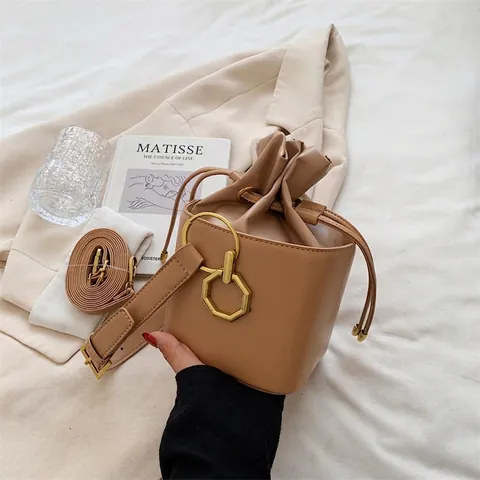 Borsa A Secchiello Vintage In Pelle PU Con Coulisse E Fibbia Ottagonale Dorata Borsa A Tracolla Donna