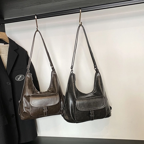 Vintage PU Leder Dual-Use Rucksack Und Schultertasche Große Kapazität Hobo Design Mit Kontrastnähten Für Damen