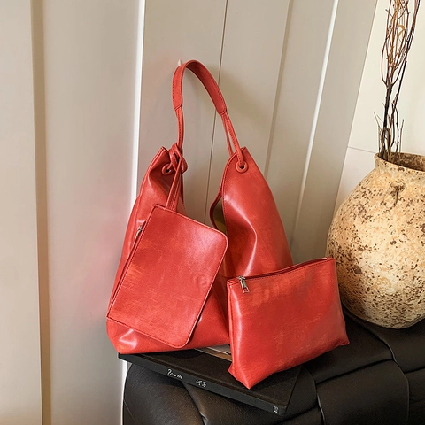 Women Large Capacity Tote Bag And Small Pouch Soft PU Leather Minimalist Hobo Shoulder Handbag For Daily Commuting