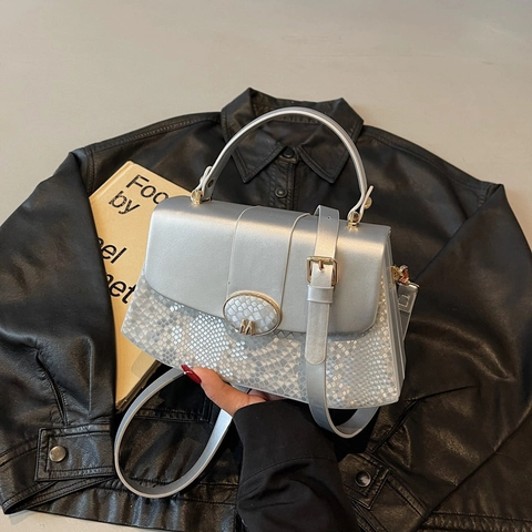 Women PU Leather Crossbody Bag Patchwork Snake Texture Handbag Adjustable Strap Square Chic Daily Shoulder Bag