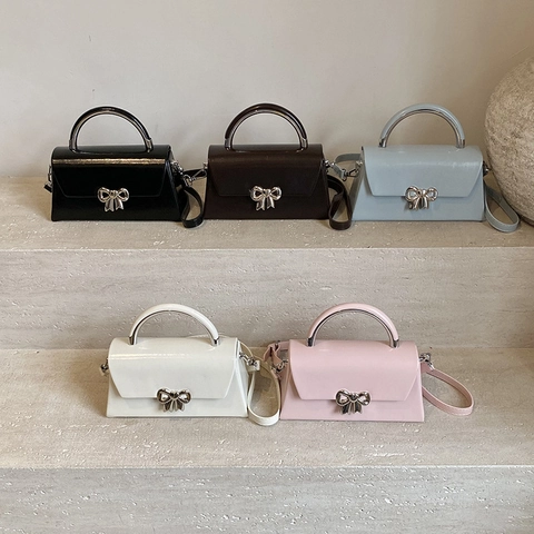 Women Crossbody Bag PU Leather Metal Bowknot Lock Top Handle Small Square Box Elegant Versatile Shoulder Bag