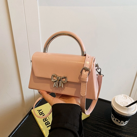 Women Crossbody Bag PU Leather Metal Bowknot Lock Top Handle Small Square Box Elegant Versatile Shoulder Bag