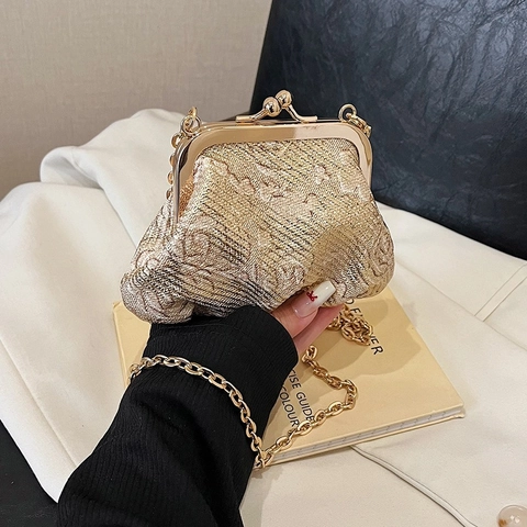 Mini Kiss Lock Crossbody Bag Vintage Jacquard Floral Weave Evening Purse Metal Chain Strap Women Elegant Fashion
