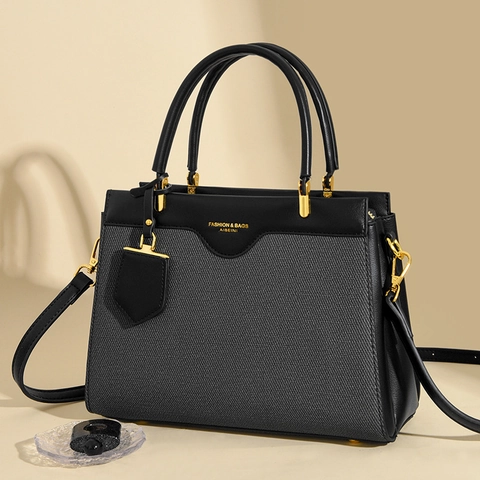 Women Fashion Handbag Large Capacity Splicing PU Leather Woven Fabric Shoulder Bag Simple Commute Tote Purse Golden Hardware