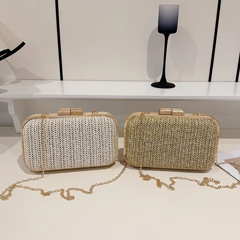 Gewebte Stroh Clutch Tasche Mit Holzrahmen Abnehmbarem Metallkettenriemen Vintage Boho Abendtasche Für Damen