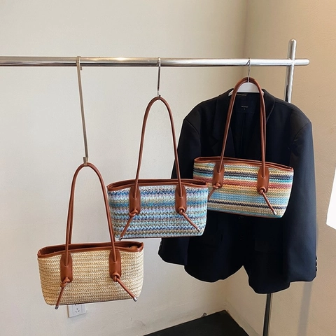 Gewebte Tragetasche Stroh PU Leder Gestreift Große Kapazität Sommer Strand Urlaub Bohemian Stil Schulterhandtasche Für Frauen