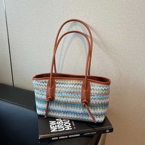 Gewebte Tragetasche Stroh PU Leder Gestreift Große Kapazität Sommer Strand Urlaub Bohemian Stil Schulterhandtasche Für Frauen