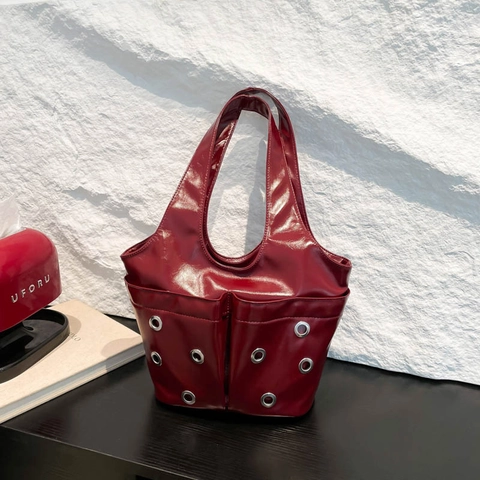 Sac Sous Le Bras En Cuir PU Pour Femmes Avec Oeillets Métalliques Doubles Poches Avant Style Punk Y2K Sac Hobo